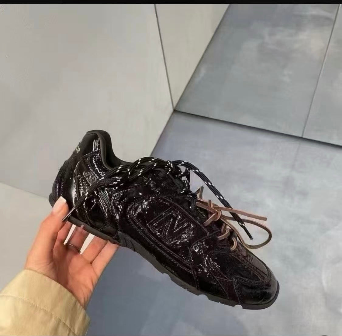 Miu Miu &New Balance Black Patent Genuine Leather Unisex Sneakers Size 38,40