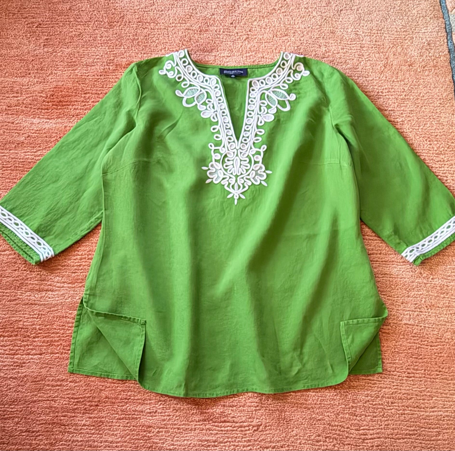 Jones New York Linen Tunic Top Green Embroidered Size 1X Boho