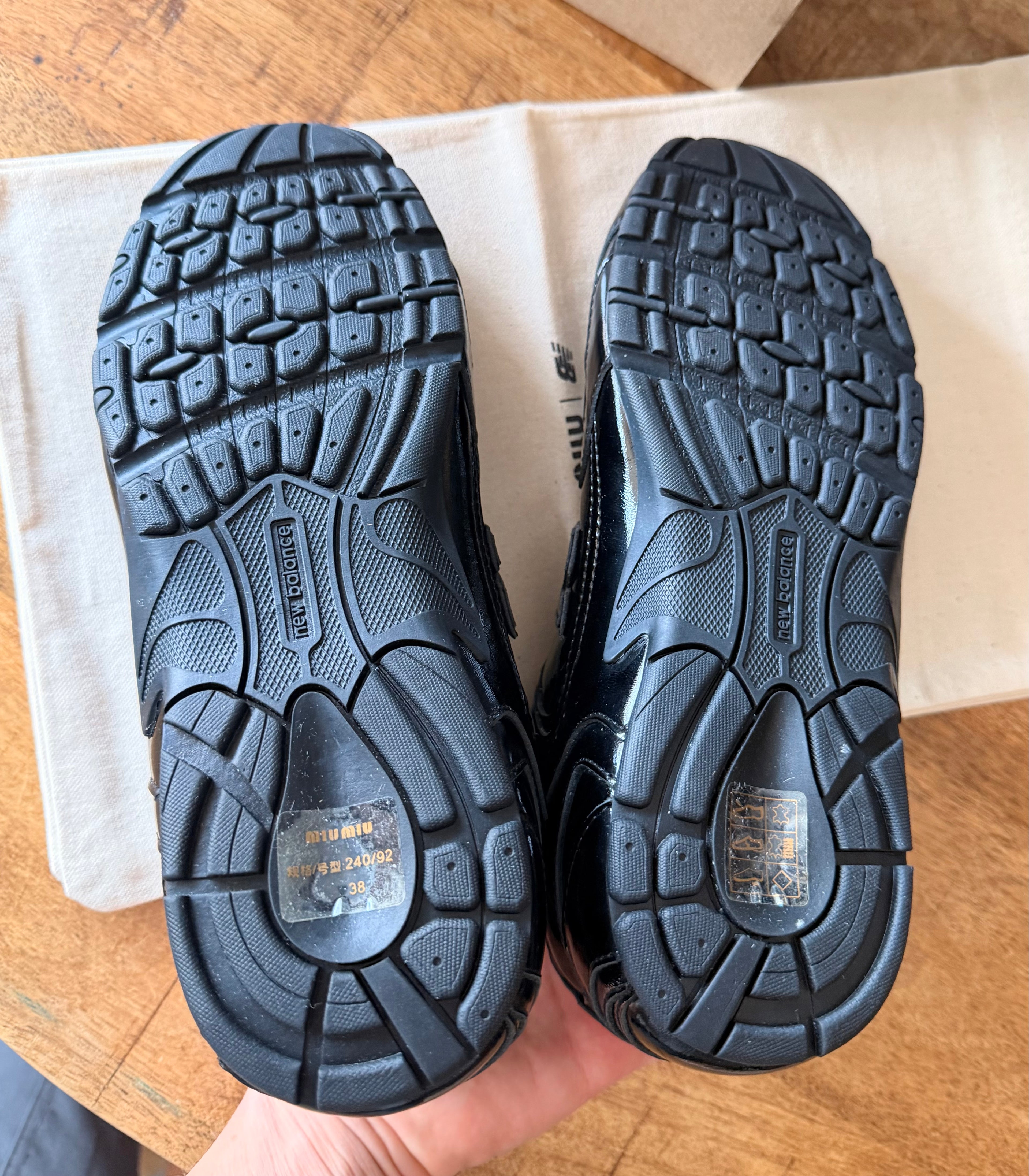 Miu Miu &New Balance Black Patent Genuine Leather Unisex Sneakers Size 38,40