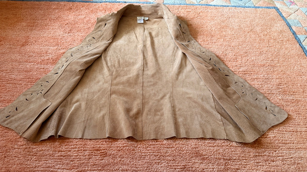 Coldwater Creek Leather Vest Size M Tan Western Boho Embroidered