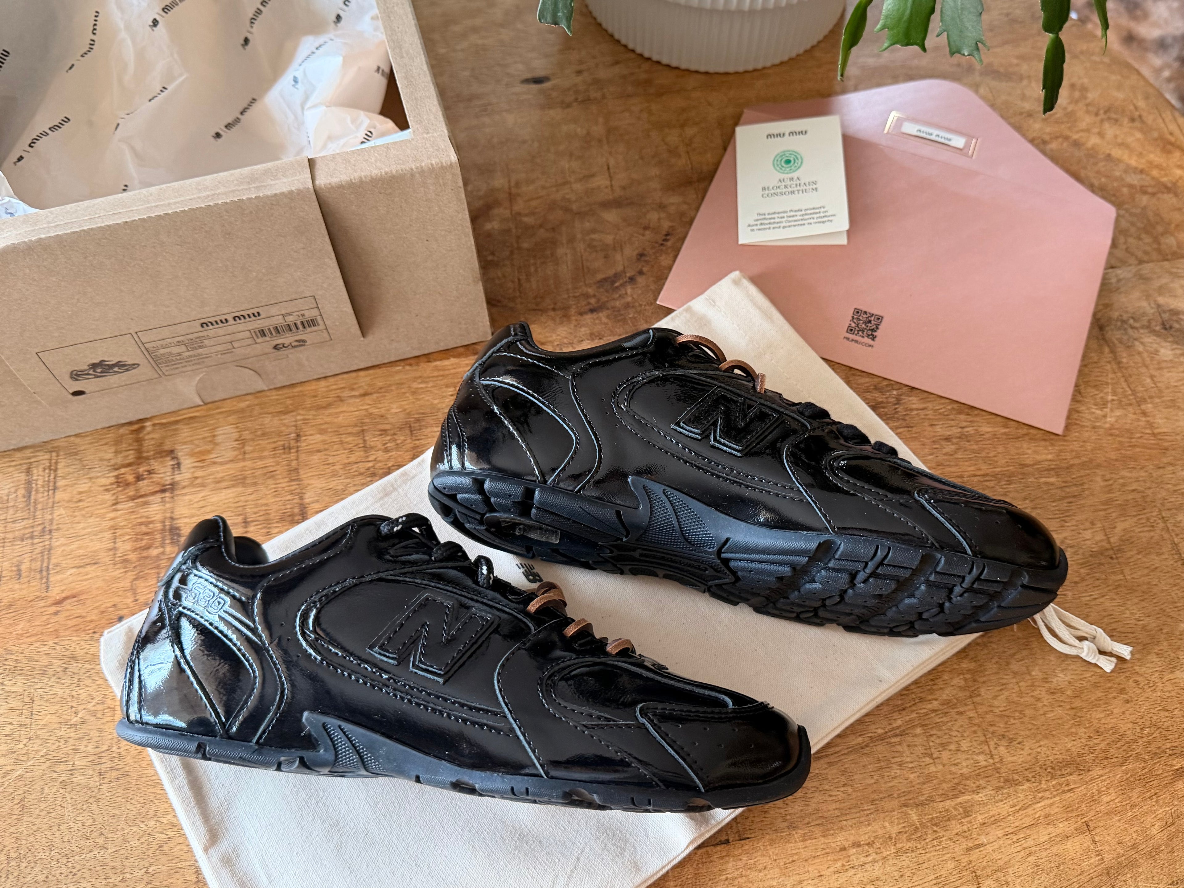 Miu Miu &New Balance Black Patent Genuine Leather Unisex Sneakers Size 38,40