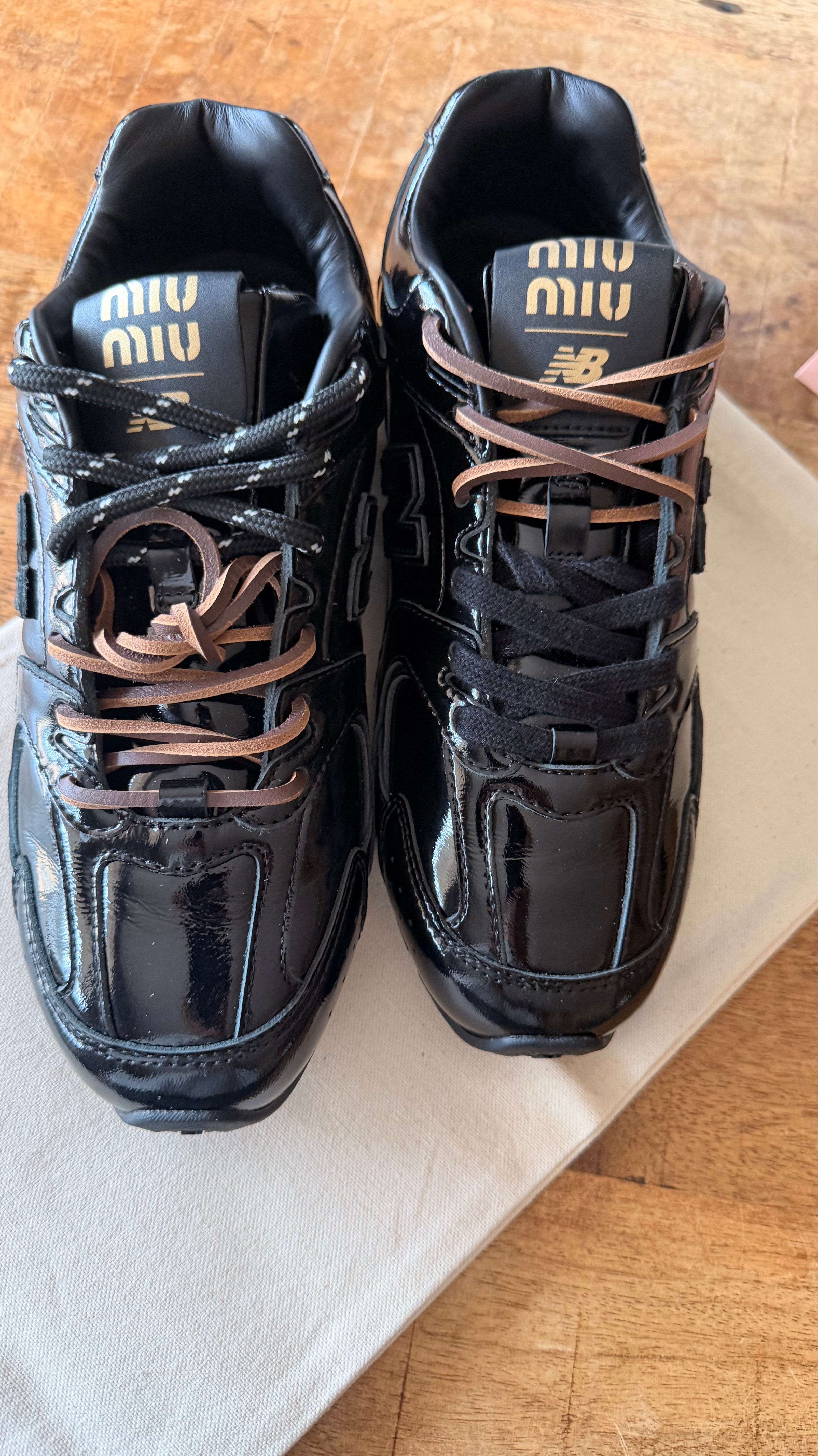 Miu Miu &New Balance Black Patent Genuine Leather Unisex Sneakers Size 38,40