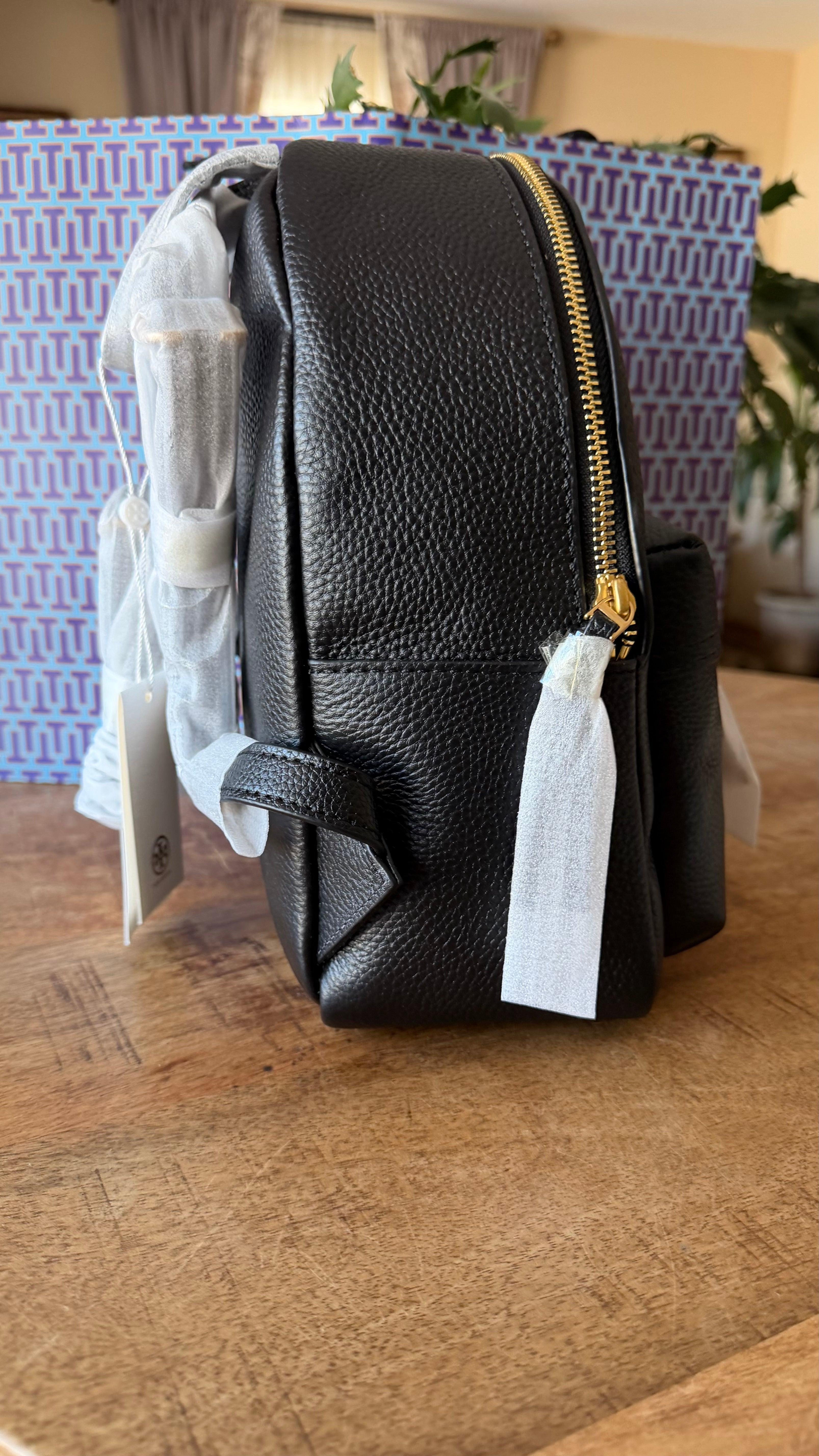 Tory Burch Black Pebbled Leather Mini Backpack Gold Hardware