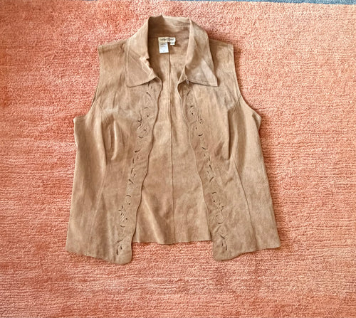 Coldwater Creek Leather Vest Size M Tan Western Boho Embroidered